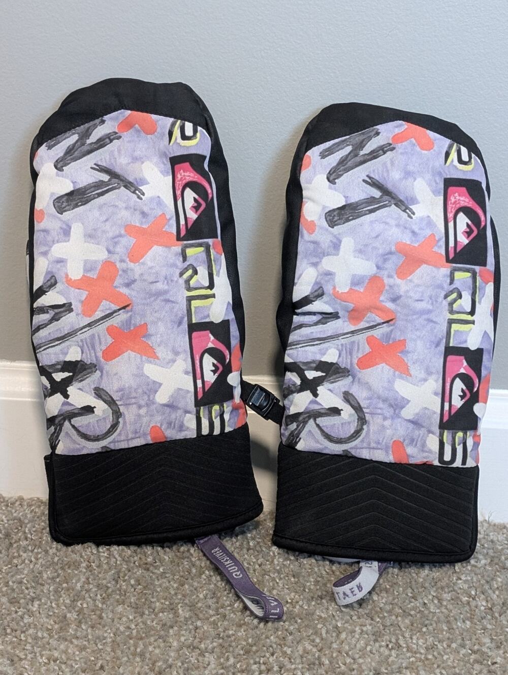 Quiksilver Mens Snowboard Mittens Large Black Purple Pink Graphic Ski Mitts L